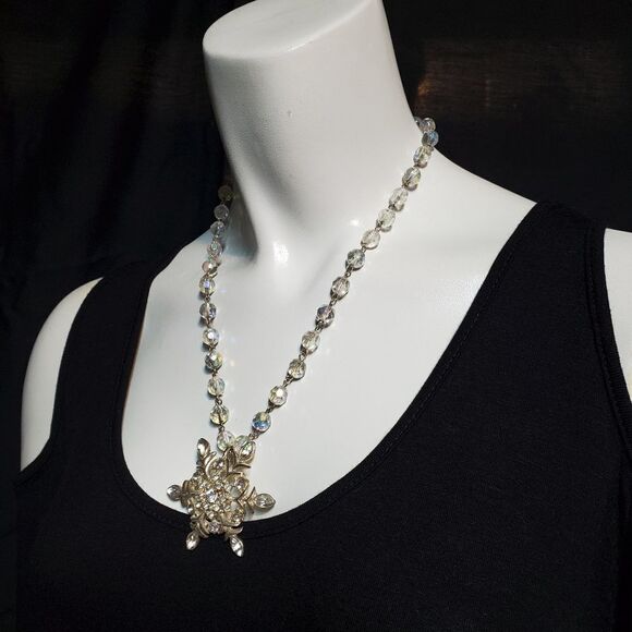 Silver Tone & Clear Bead Snowflake Necklace - Picture 1 of 5